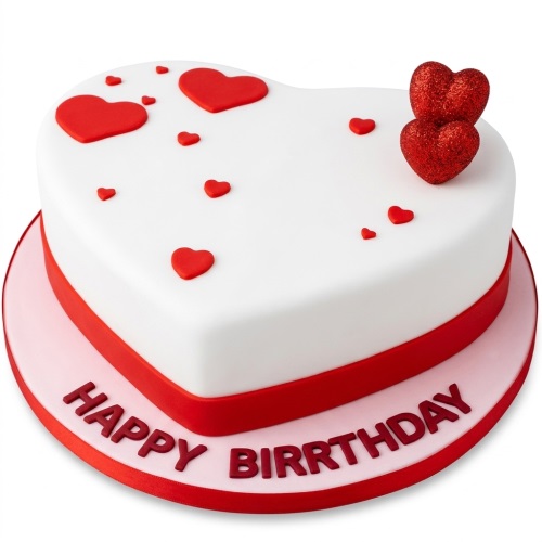 White heart-shaped birthday cake with red fondant hearts and glitter heart toppers.