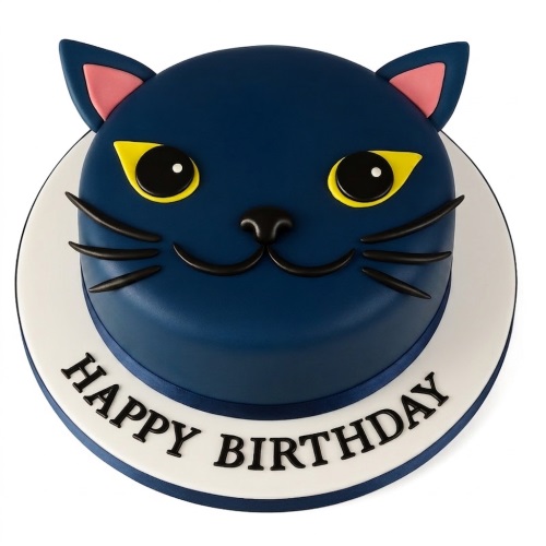 Dark blue cat face birthday cake with yellow eyes and pink ears on a white board.