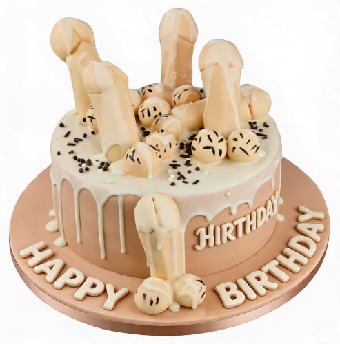 Round beige cake with white drip icing, chocolate sprinkles, and numerous penis-shaped fondant decorations.