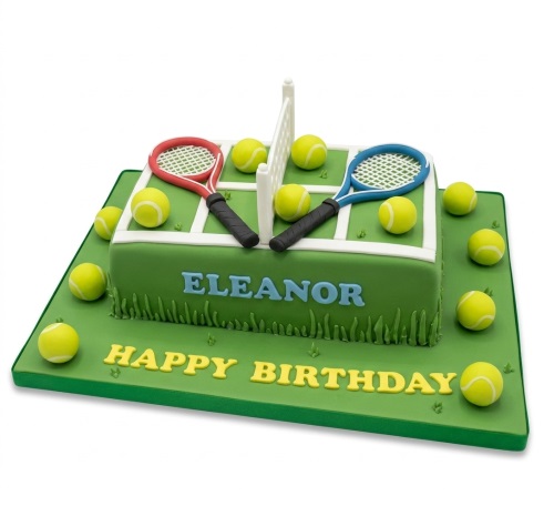 Green tennis court birthday cake with red and blue rackets, net, and yellow tennis balls.