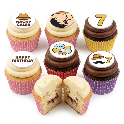 Assortment of fun character birthday cupcakes for boys with custom age and message toppers.