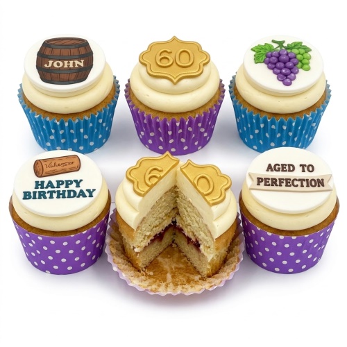 Cupcakes with whiskey barrel, grapes, "Happy Birthday", "Aged to Perfection" messages, and a gold custom age topper.