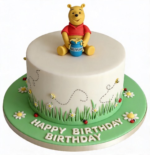 Round white Winnie the Pooh birthday cake with Pooh figure, bees, ladybugs, and daisies.