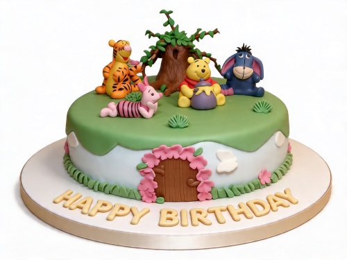 Round Winnie The Pooh and Friends birthday cake with Pooh, Tigger, Piglet, Eeyore figures, tree, and 'Happy Birthday' message.