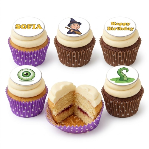A set of spooky themed cupcakes with white frosting, featuring witch, eyeball, tentacle, and custom message toppers.