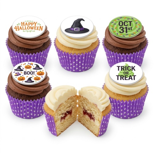 Assortment of Halloween themed cupcakes with witch hats, pumpkins, and text toppers.