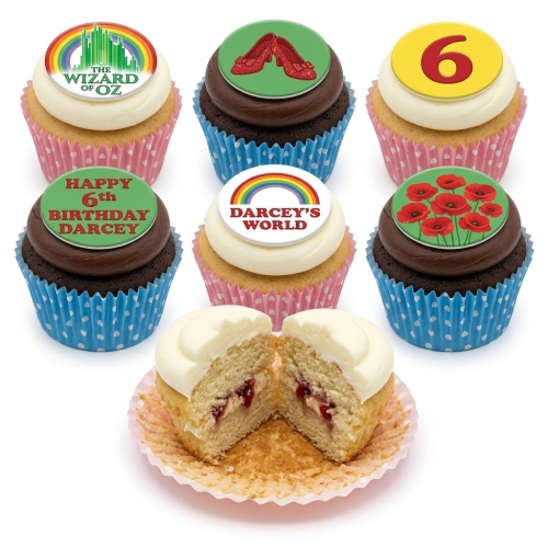 Wizard of Oz themed cupcakes with Emerald City, Ruby Slippers, poppies, and custom age topper.