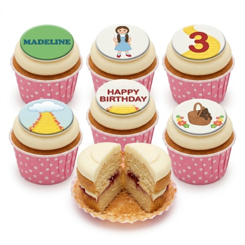 Wizard of Oz themed cupcakes with Dorothy, Toto, yellow brick road, custom name and age toppers.