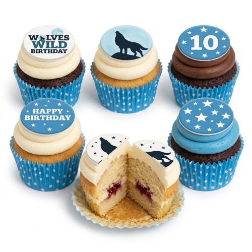 Six cupcakes with wolf, moon, stars, and "Happy Birthday" toppers, including a custom age topper.
