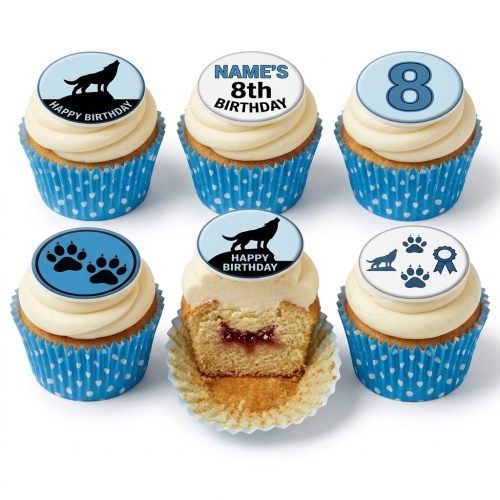 Vanilla cupcakes with cream frosting and blue wolf, paw print, and custom age birthday toppers.