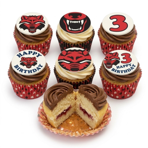 Cupcakes with red and black wolf head toppers, some with "Happy Birthday" and a number 3.