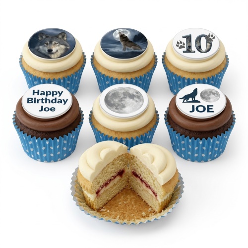 Wolf theme birthday cupcakes with various wolf and moon edible toppers, including customisable age and message examples.