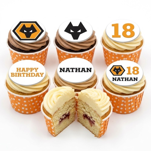 Wolverhampton Wanderers football themed cupcakes with club logos, custom age, and personalised name toppers in orange and black.