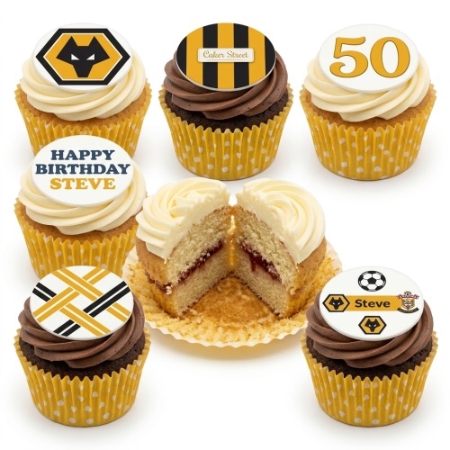 Wolverhampton Wanderers football cupcakes with custom age and name toppers.