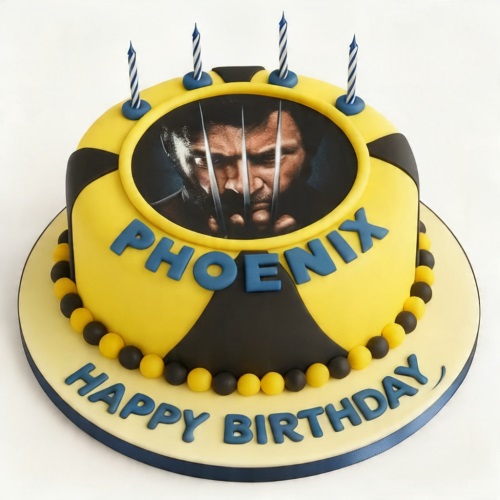 Round yellow and black Wolverine birthday cake with edible image and custom name.