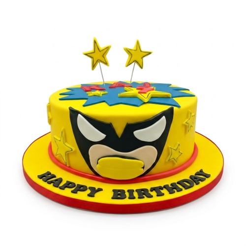 Round yellow superhero themed birthday cake with a black mask, comic book bursts, and star toppers.