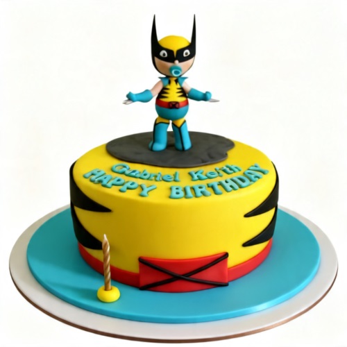 Round yellow and black Wolverine themed birthday cake with a baby Wolverine topper and claw marks.