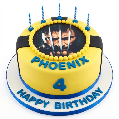 Round yellow fondant cake with Wolverine edible image, blue candles, blue ribbon, and custom age number.