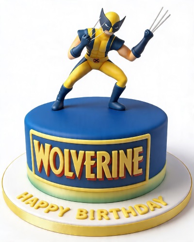 Round blue Wolverine birthday cake with 3D figure and "Happy Birthday" text.