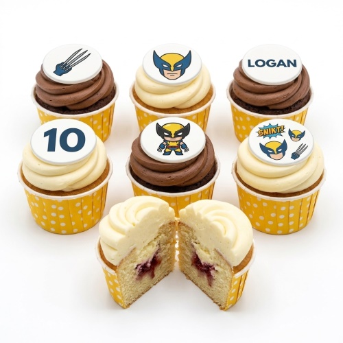 Set of Wolverine themed cupcakes with various superhero toppers, custom age, and personalised name.