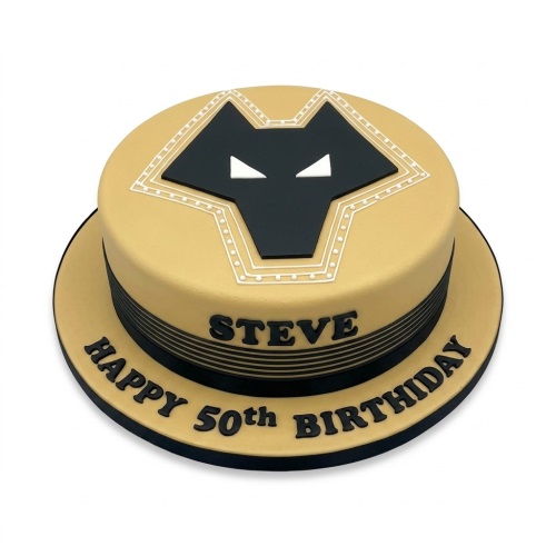 Round gold and black football birthday cake with the Wolves FC logo on top, personalised with a name and message.