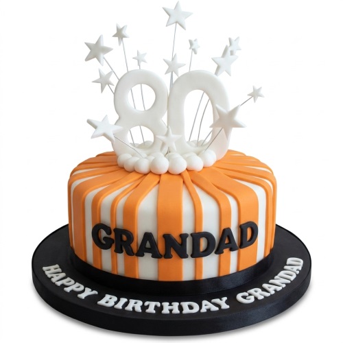 Orange and white striped birthday cake with a large custom age number topper and star decorations.