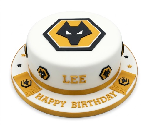Round white and gold football theme birthday cake with Wolves club crest and scarves.