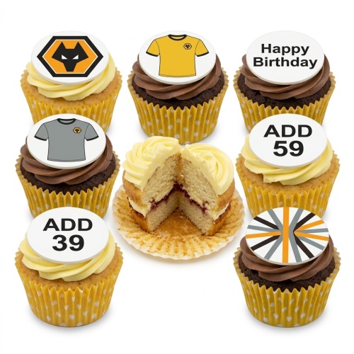 Wolverhampton Wanderers football themed birthday cupcakes with team logo, shirts, and custom age toppers.