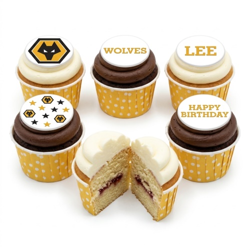 Wolves football themed cupcakes with club logo and personalised message toppers in yellow and black.