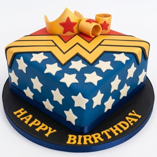 Wonder Woman themed square birthday cake with blue, red, and gold fondant, white stars, crown, and armbands.