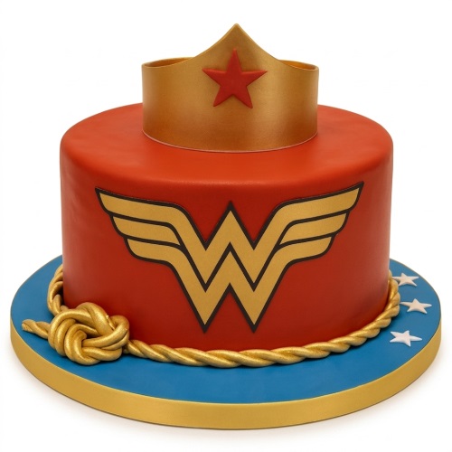 Round red and blue Wonder Woman themed birthday cake with gold logo, crown, and lasso.