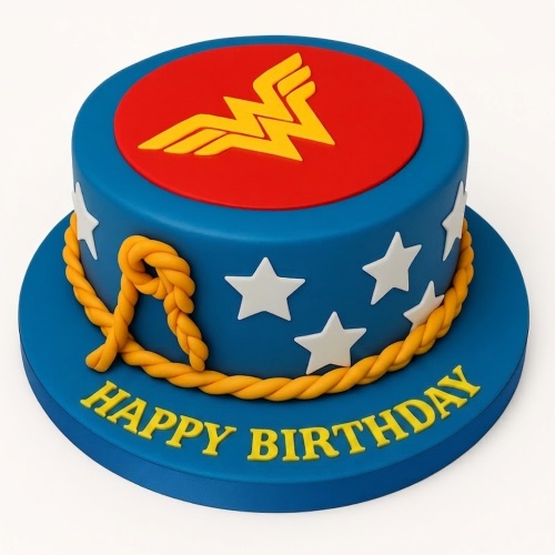 Round blue Wonder Woman themed birthday cake with red and yellow logo, white stars, and a yellow lasso.