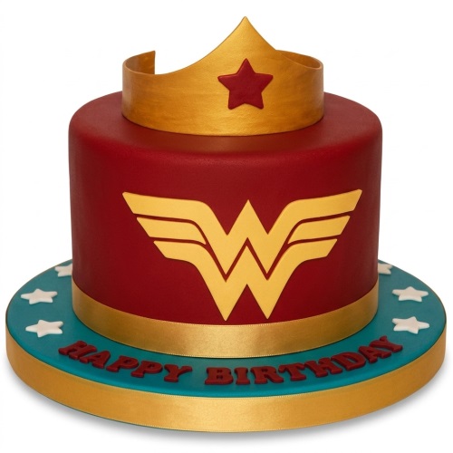 Red and gold Wonder Woman themed birthday cake with a crown topper and white stars.