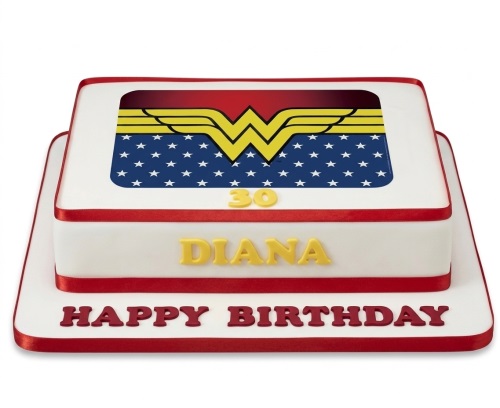 White rectangular cake with red ribbon, featuring a Wonder Woman logo edible image and custom age 30.