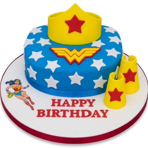 Round blue Wonder Woman themed birthday cake with white stars, yellow crown, and character image.
