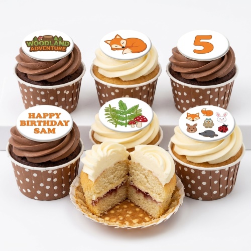 A selection of woodland animal and nature themed birthday cupcakes with custom age and personalised message toppers.