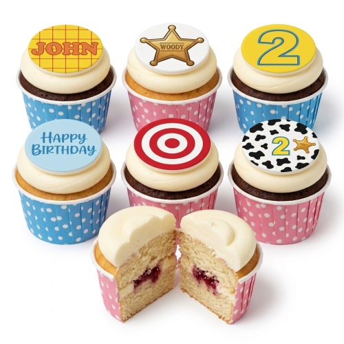 Toy Story themed birthday cupcakes with Woody sheriff star, cow print, target, custom age topper, and personalised name.
