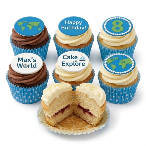 A selection of adventure-themed cupcakes with blue and green toppers, featuring world maps, a compass, a sailboat, a custom age number, and 'Happy Birthday!' text.