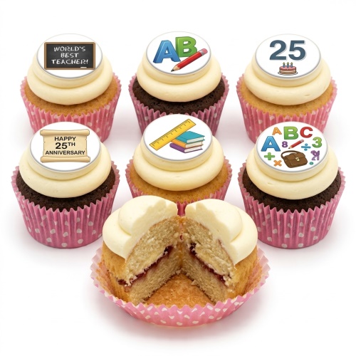 Set of six cupcakes with white frosting and various education and celebration themed edible toppers, including a blackboard, ABCs, books, and a custom age topper.