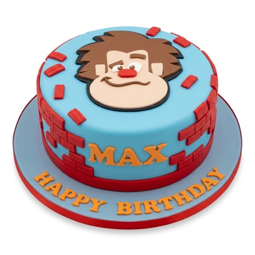 Round blue Wreck It Ralph birthday cake with edible Ralph face topper and red brick decorations, with custom name and message.