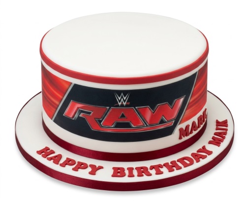 Round white cake with a red and black WWE Raw logo on the side, with a red ribbon and custom message on the board.