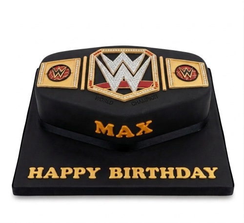 Black WWE Championship Belt birthday cake with gold lettering for a personalised message.