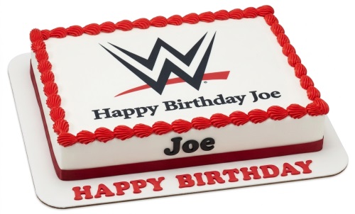 White rectangular cake with red piping and a large black and red WWE logo on top.