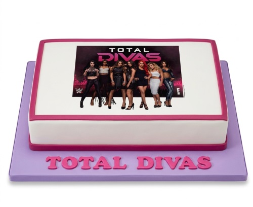 Rectangular Total Divas birthday cake with edible image of female wrestlers and pink and purple icing.