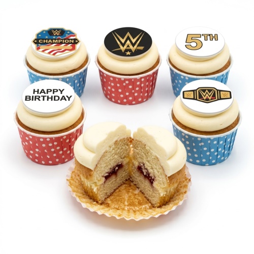 WWE themed birthday cupcakes with wrestling logos and custom age topper.
