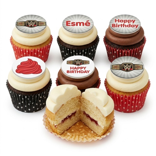 Cupcakes with WWE championship belt toppers, a red swirl decoration, and example messages 'Happy Birthday' and 'Esmé'.