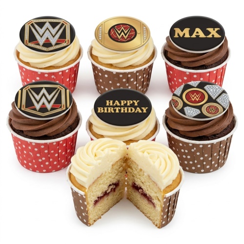 WWE themed cupcakes with wrestling belt toppers and 'Happy Birthday' message