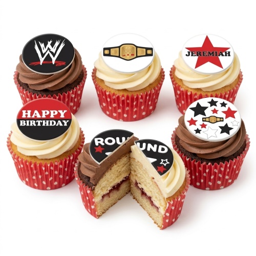 A selection of WWE themed cupcakes with edible toppers featuring the WWE logo, championship belt, stars, and 'Happy Birthday' message.