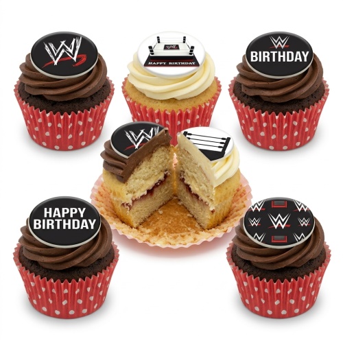 Six WWE themed birthday cupcakes with wrestling ring and logo toppers.