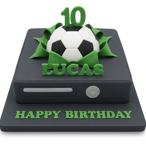 Dark grey Xbox console cake with green football, custom age topper, and personalised name.